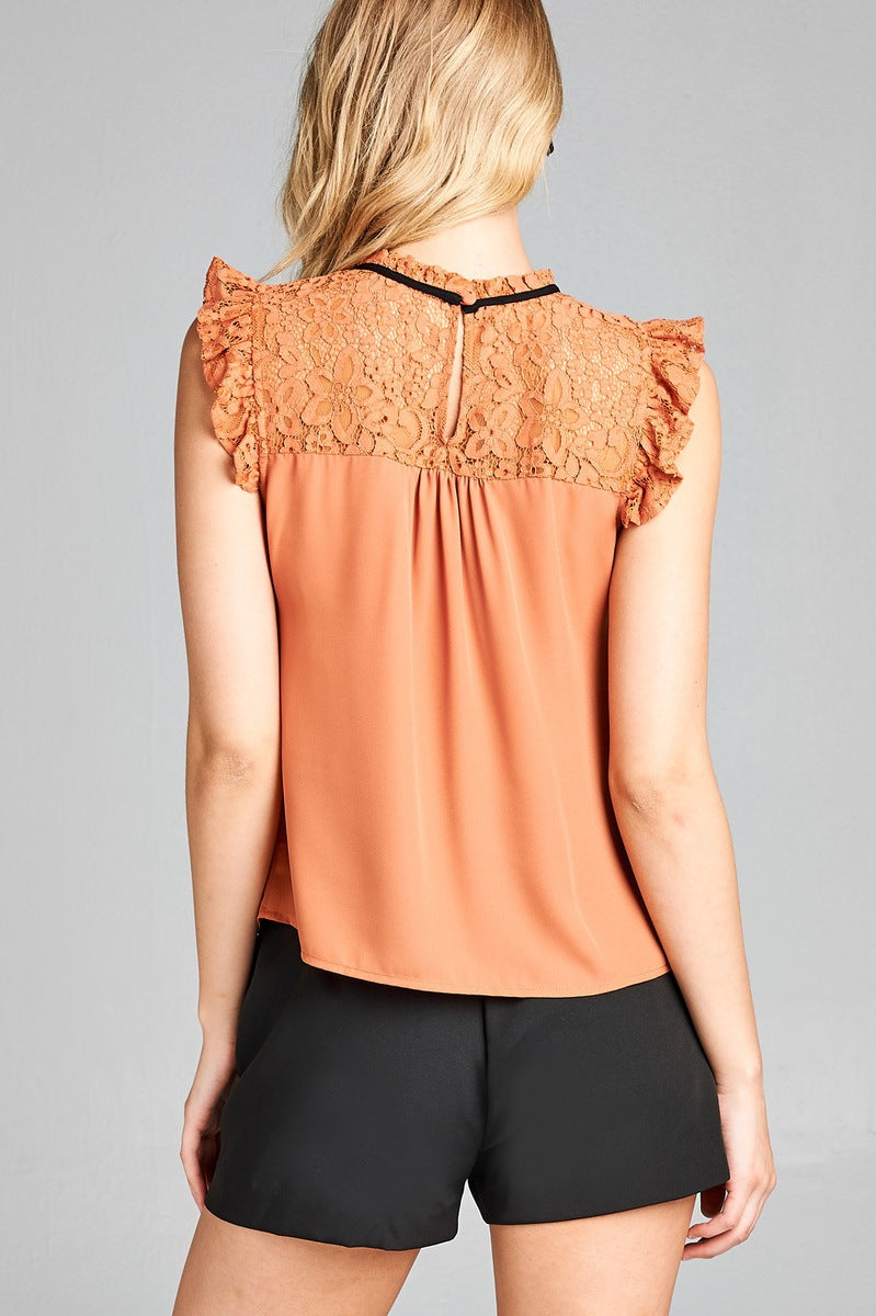 Ladies fashion ruffle sleeve lace yoke detail w/contrast self tie woven top