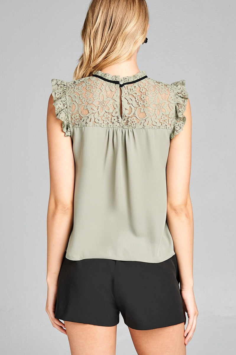 Ladies fashion ruffle sleeve lace yoke detail w/contrast self tie woven top