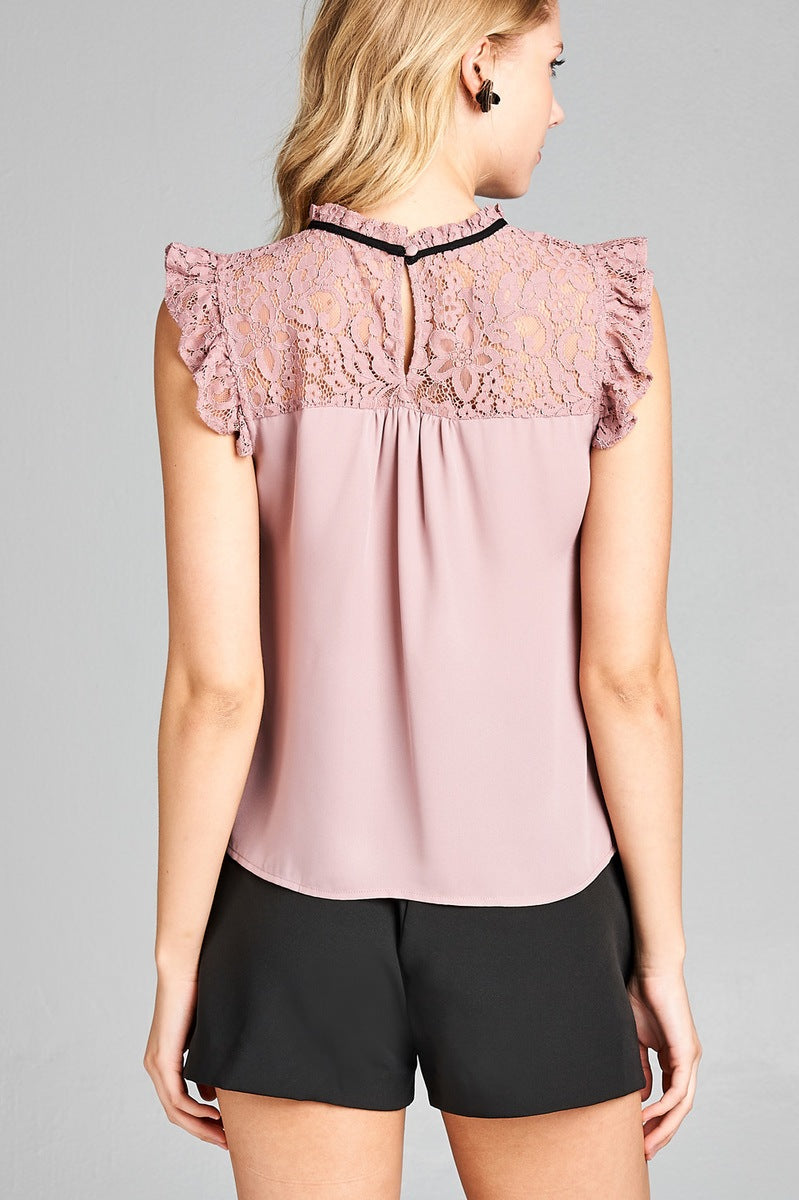 Ladies fashion ruffle sleeve lace yoke detail w/contrast self tie woven top