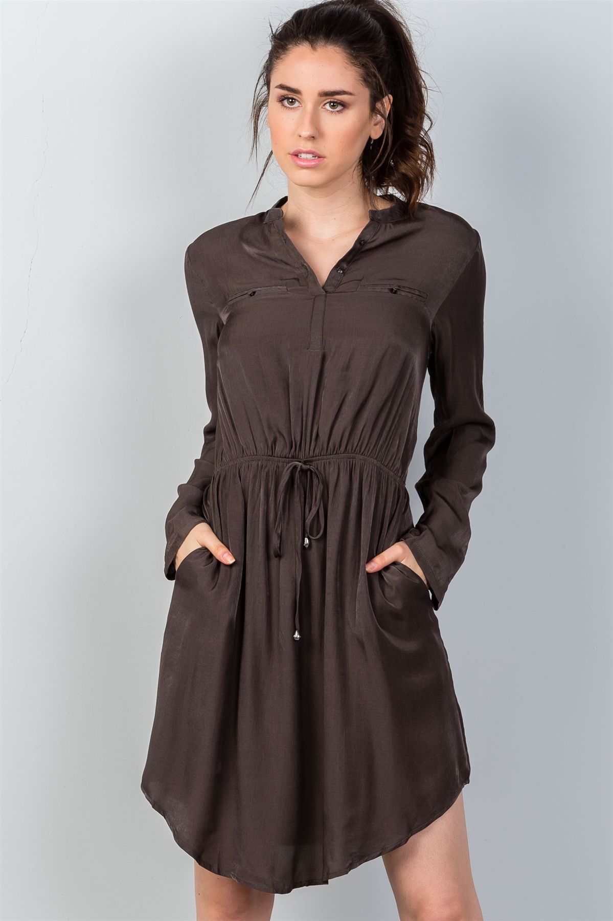 Ladies fashion long sleeve button front closure drawstring waist casual dress