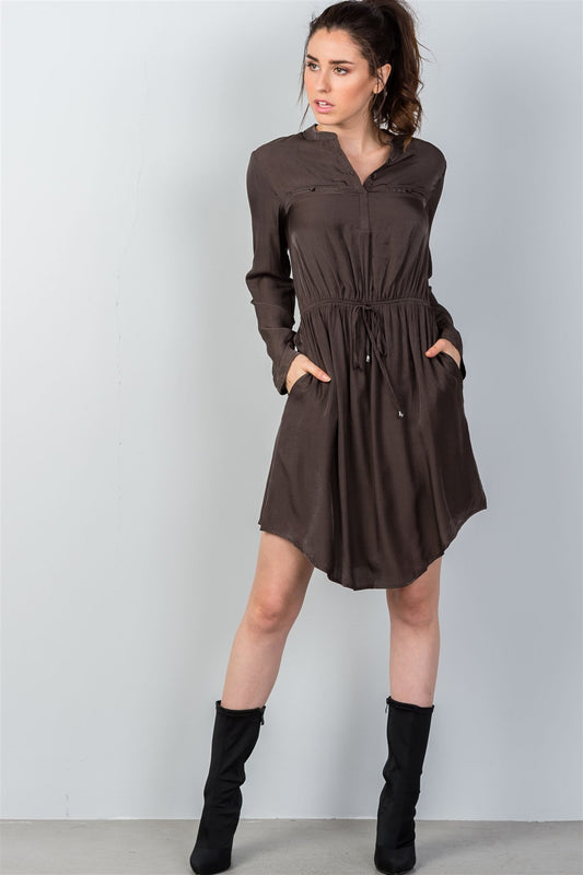 Ladies fashion long sleeve button front closure drawstring waist casual dress