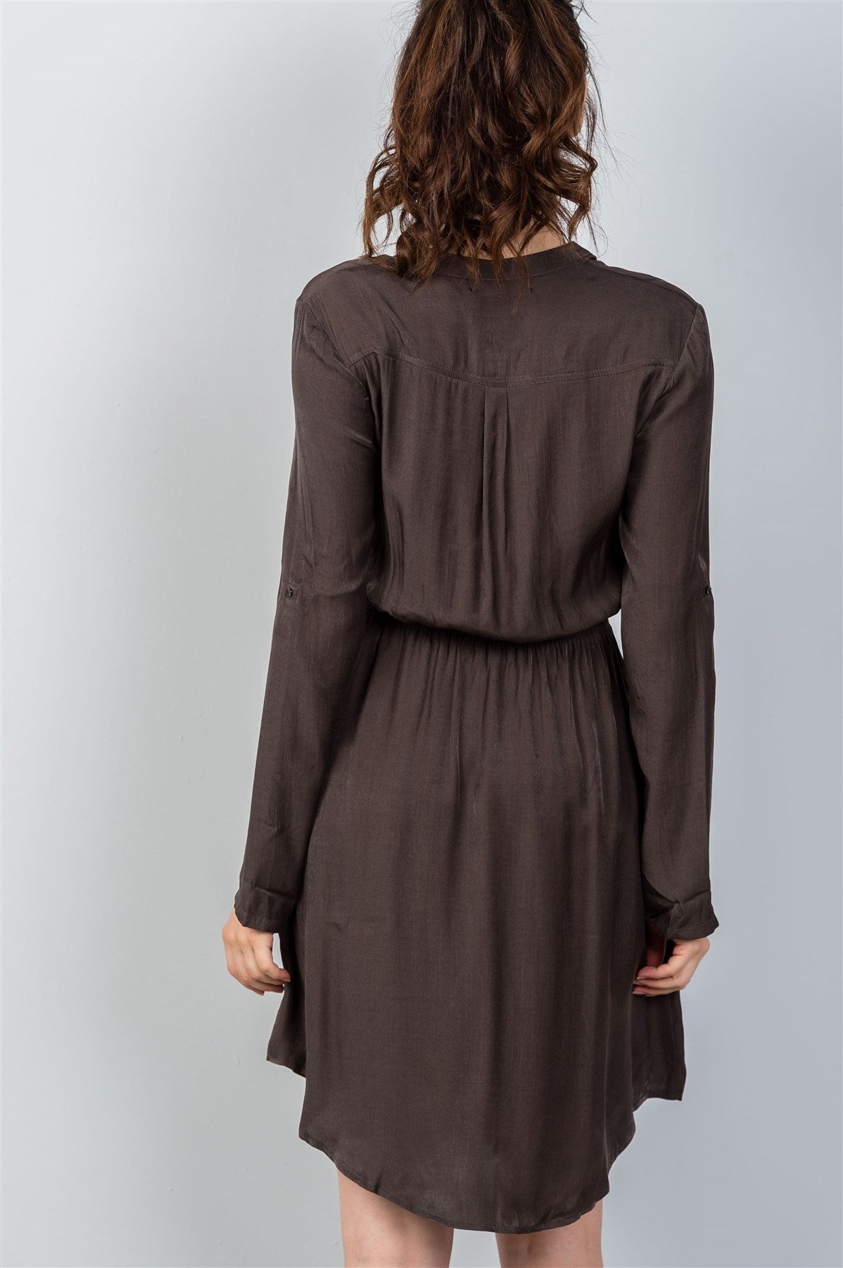Ladies fashion long sleeve button front closure drawstring waist casual dress