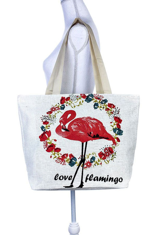 Painted flamingo floral wreath tote bag