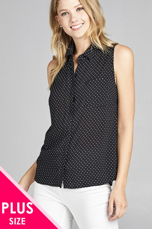 Ladies fashion plus size sleeveless w/pocket dot print rayon challis woven top