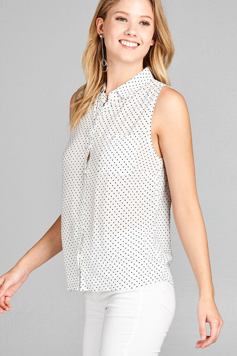 Ladies fashion plus size sleeveless w/pocket dot print rayon challis woven top