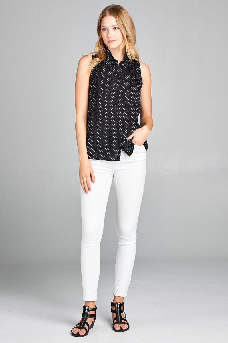 Ladies fashion plus size sleeveless w/pocket dot print rayon challis woven top