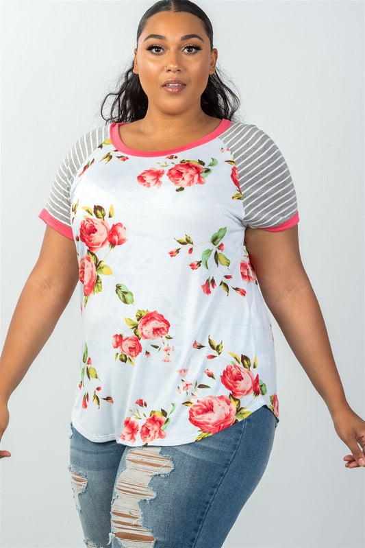 Ladies fashion plus size multi floral plus size mix print short sleeve top