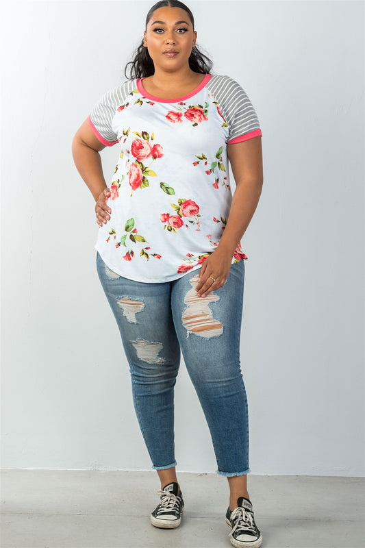 Ladies fashion plus size multi floral plus size mix print short sleeve top