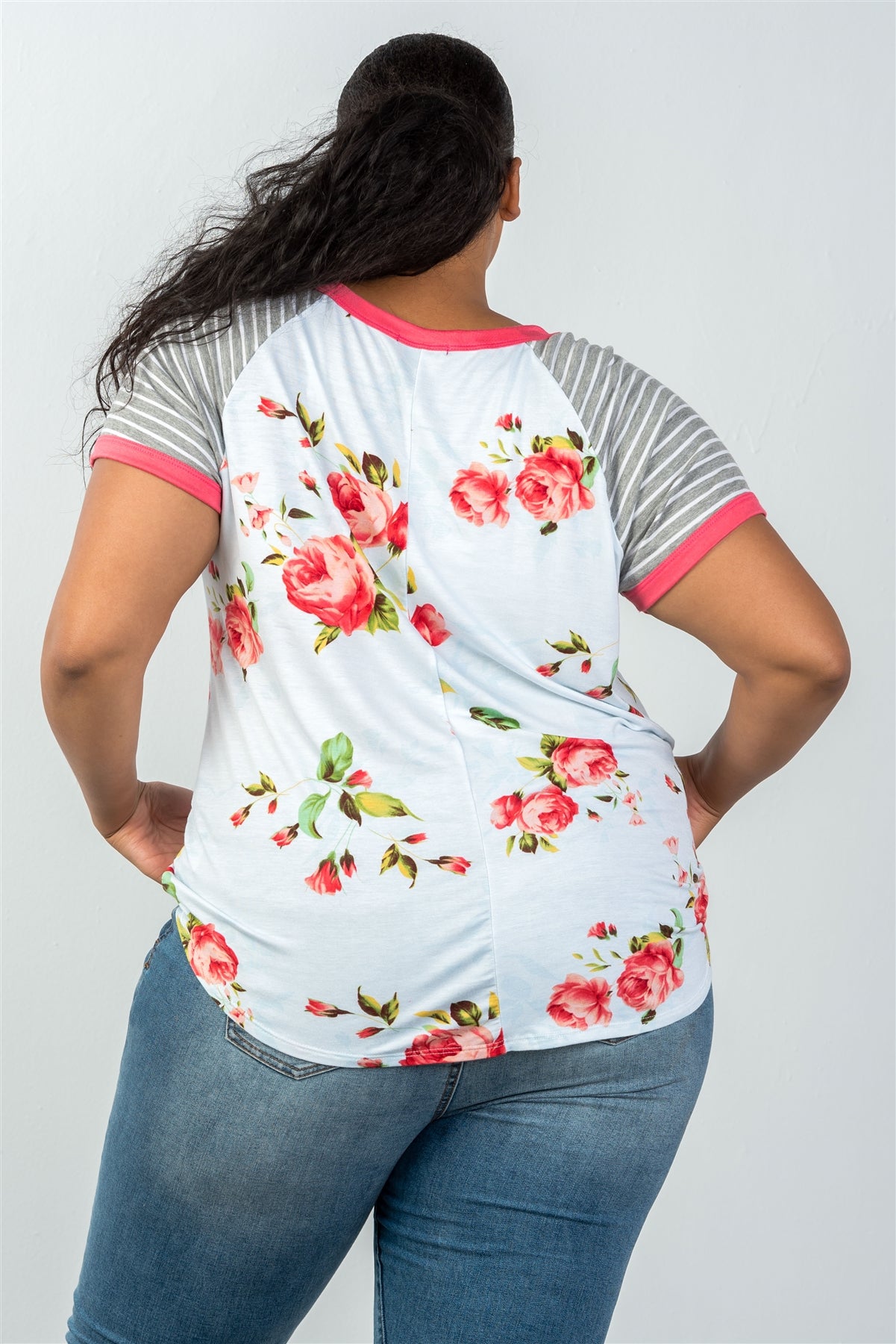 Ladies fashion plus size multi floral plus size mix print short sleeve top