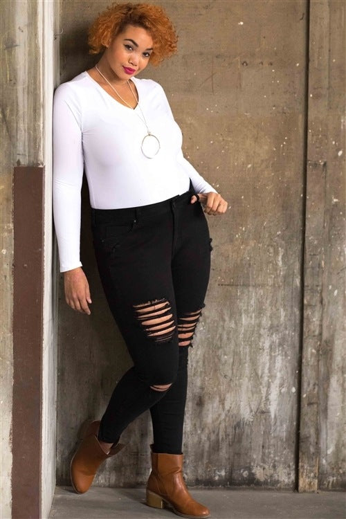 Ladies fashion plus size cotton spandex black plus size distressed skinny jeans
