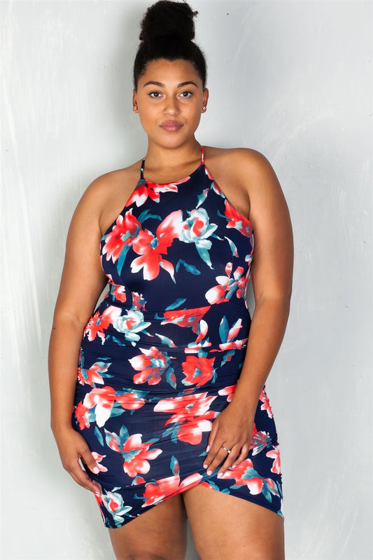 Ladies fashion plus size floral print cross strap ruched bodycon mini dress