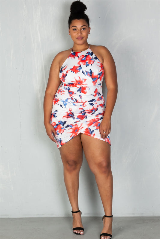 Ladies fashion plus size floral print cross strap ruched bodycon mini dress