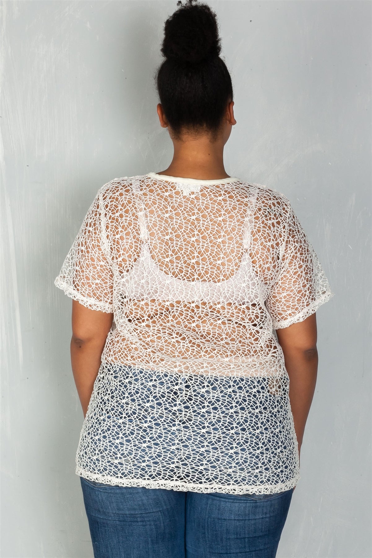 Ladies fashion plus size  solid panel crochet lace up boho top