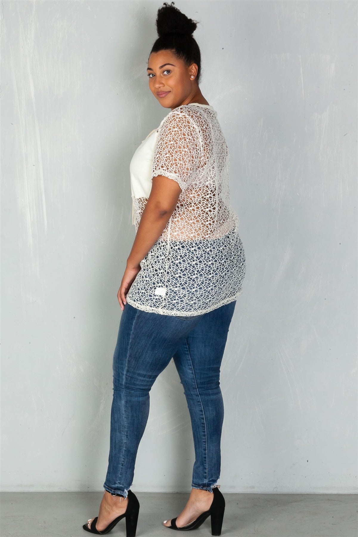 Ladies fashion plus size  solid panel crochet lace up boho top