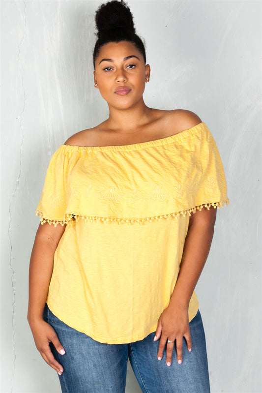 Ladies fashion plus size  boho mustard plus size geo-tribal embroidered off the shoulder top