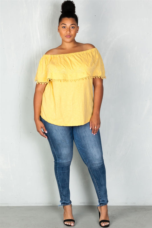 Ladies fashion plus size  boho mustard plus size geo-tribal embroidered off the shoulder top