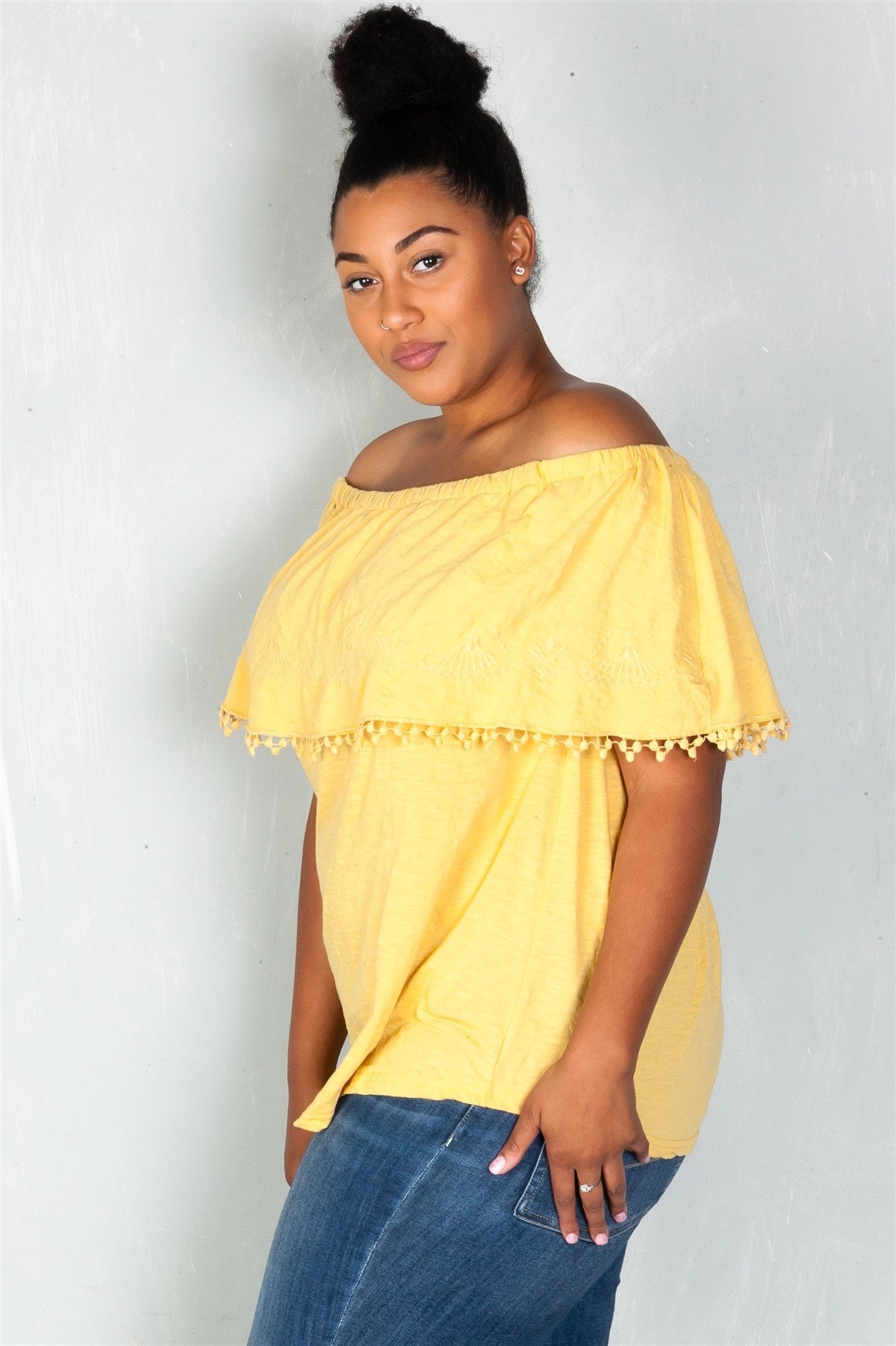 Ladies fashion plus size  boho mustard plus size geo-tribal embroidered off the shoulder top