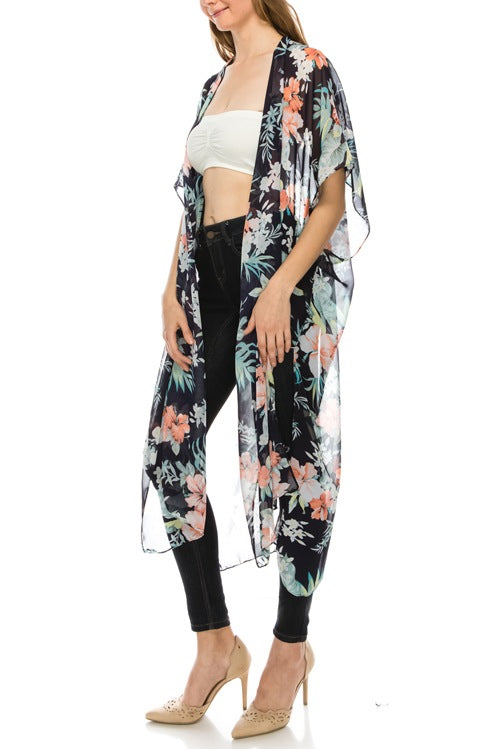 Floral print sheer open front cardigan