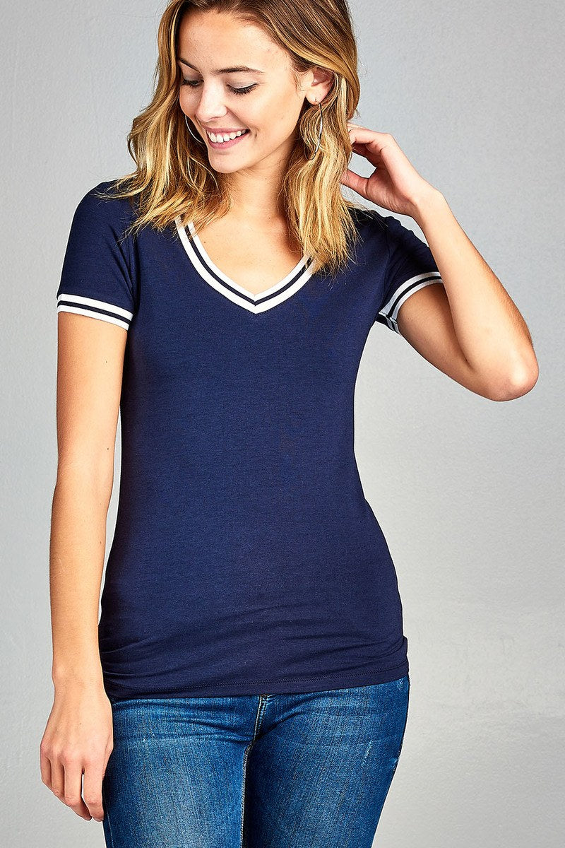 Ladies fashion short contrast ribbed sleeve and collar cotton rayon spandex top
