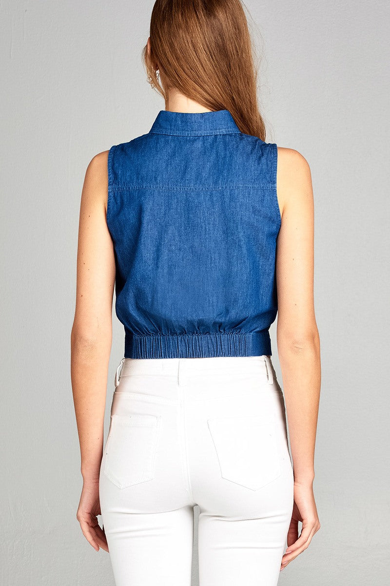 Ladies fashion sleeveless front button and knot detail crop shirt chambray top
