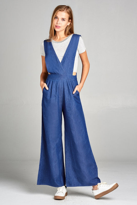 Ladies fashion v-neck cross shoulder strap long wide chambray jumpsuit