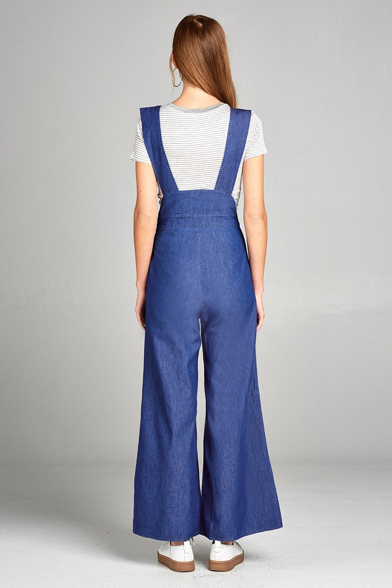 Ladies fashion v-neck cross shoulder strap long wide chambray jumpsuit