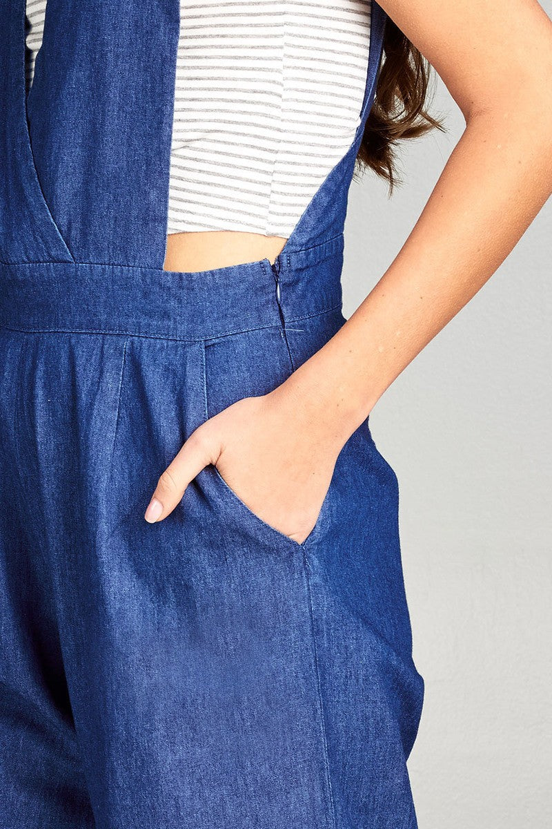 Ladies fashion v-neck cross shoulder strap long wide chambray jumpsuit