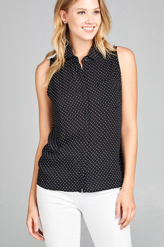 Ladies fashion sleeveless w/pocket dot print rayon challis woven top