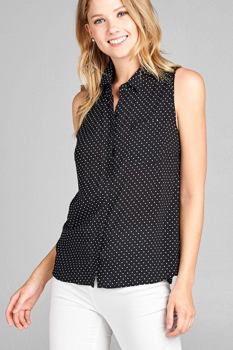 Ladies fashion sleeveless w/pocket dot print rayon challis woven top