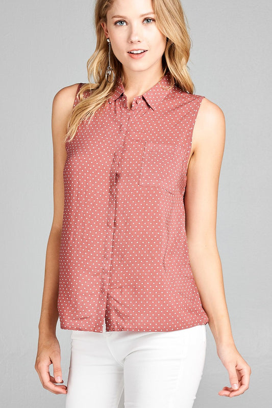 Ladies fashion sleeveless w/pocket dot print rayon challis woven top
