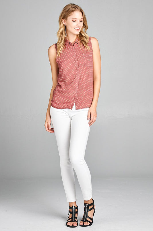 Ladies fashion sleeveless w/pocket dot print rayon challis woven top