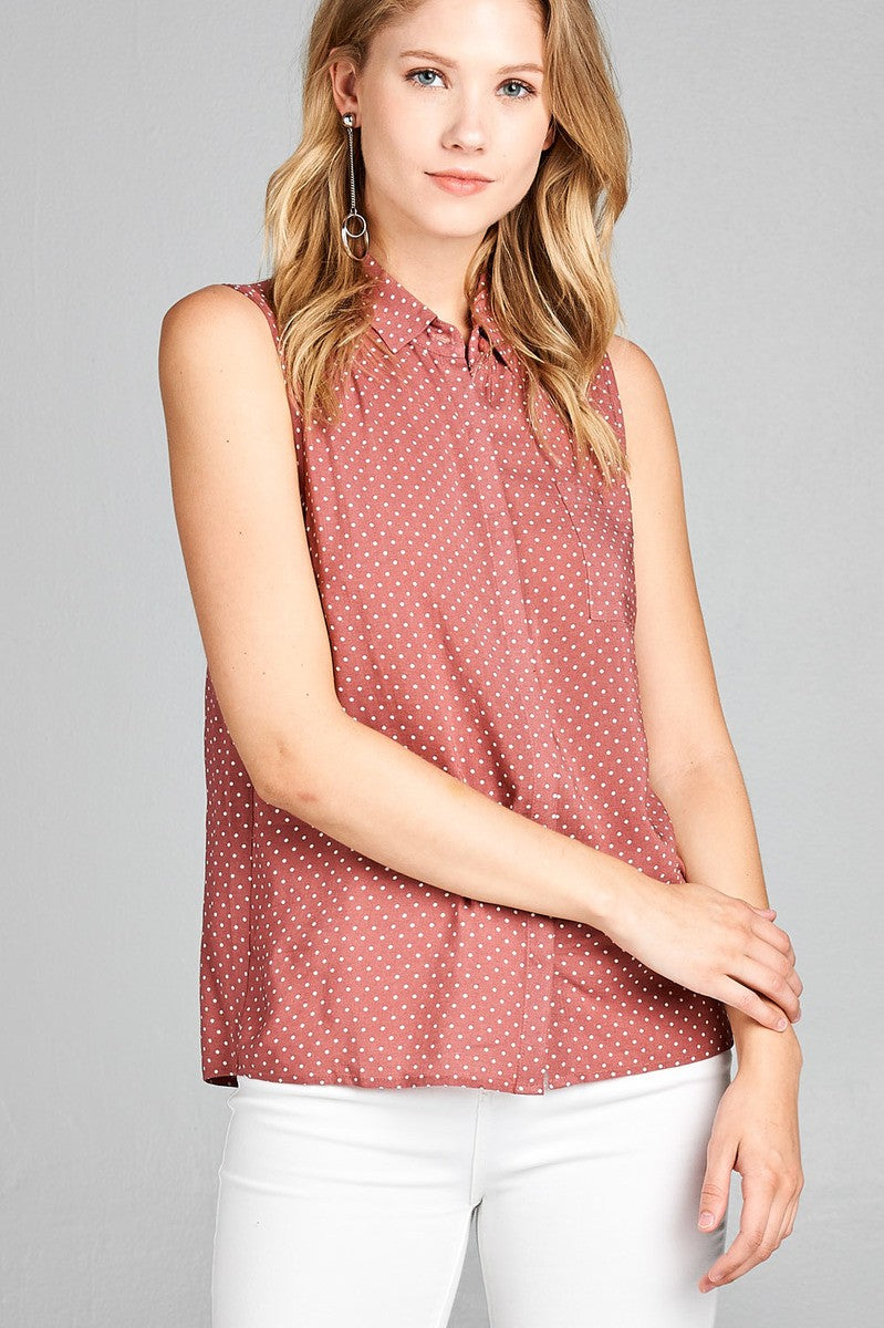 Ladies fashion sleeveless w/pocket dot print rayon challis woven top
