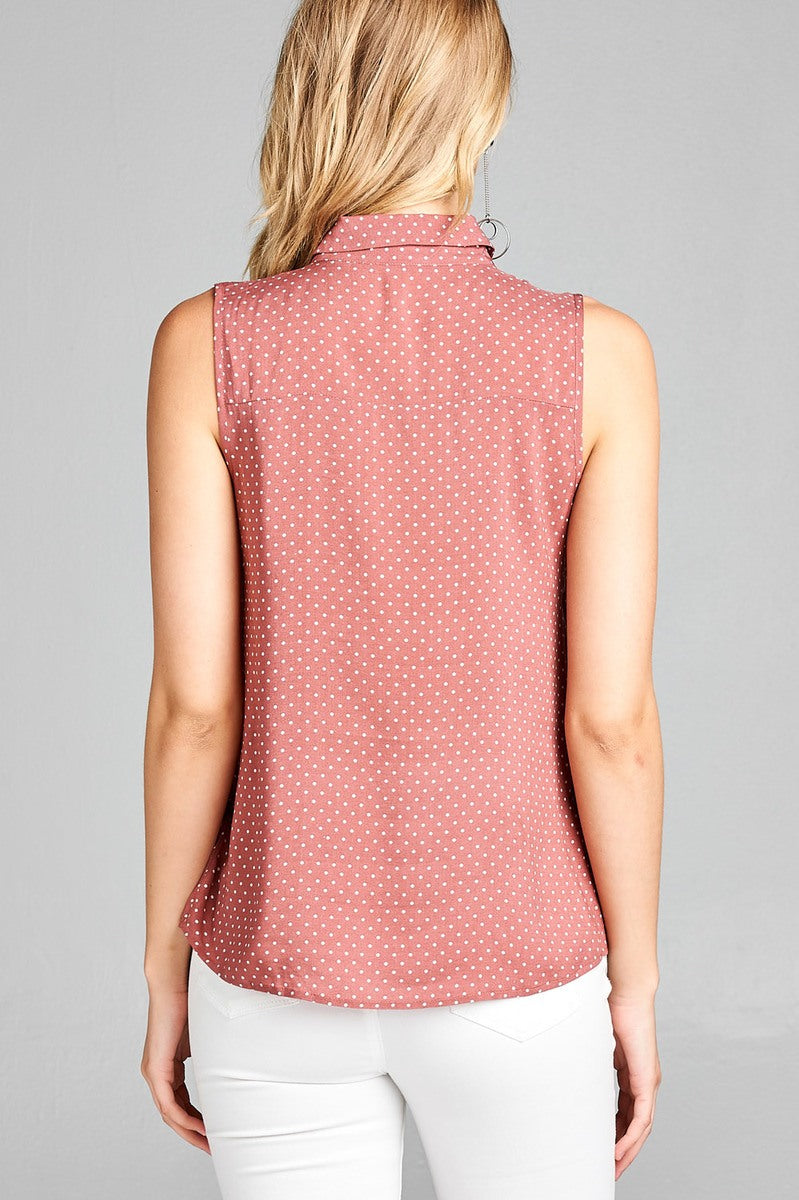 Ladies fashion sleeveless w/pocket dot print rayon challis woven top