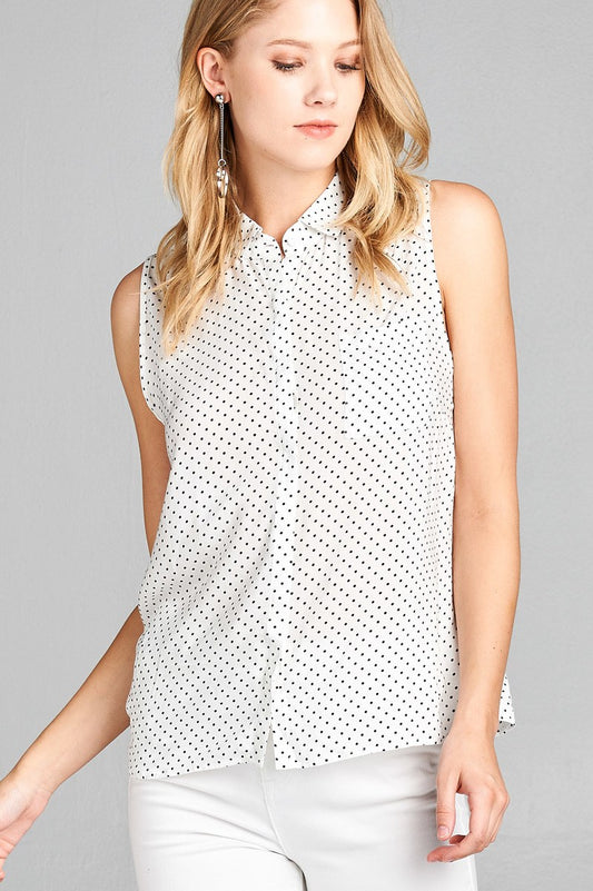 Ladies fashion sleeveless w/pocket dot print rayon challis woven top