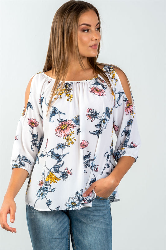 Ladies fashion 3/4 sleeves white & floral print tie back cold shoulder top