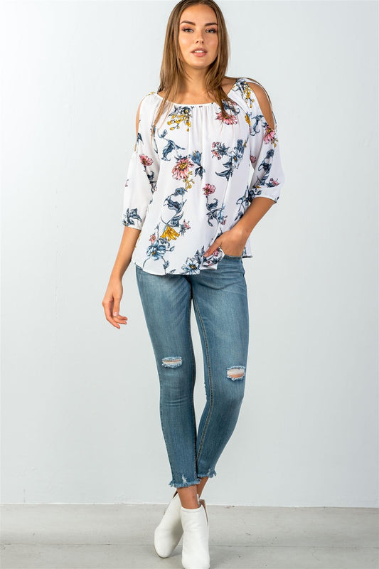 Ladies fashion 3/4 sleeves white & floral print tie back cold shoulder top