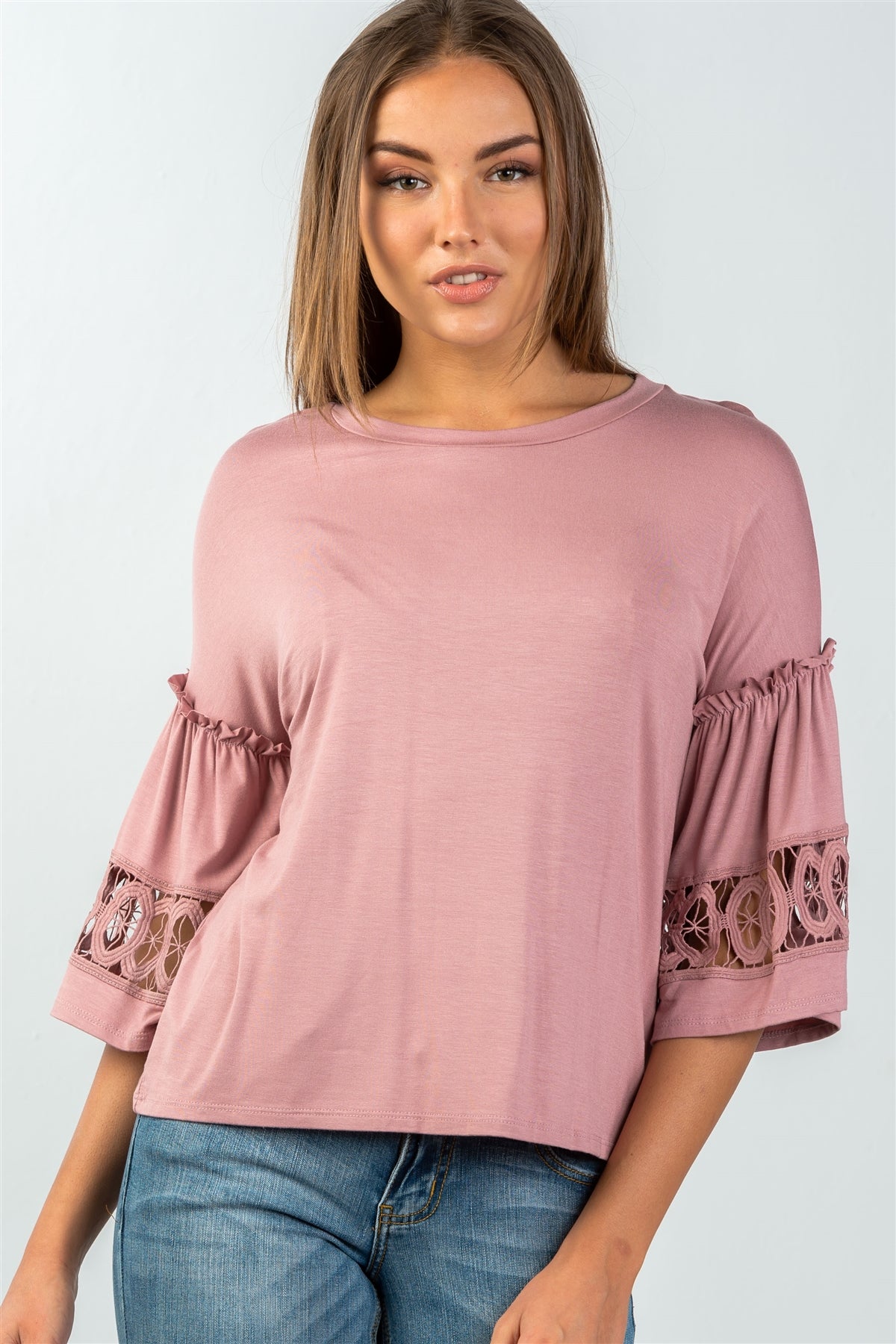 Ladies fashion 3/4 sleeves crochet-trim gathered-sleeve top