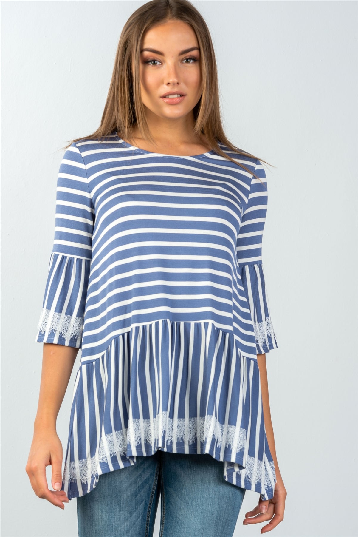Ladies fashion scoop neckline lace trim striped babydoll top