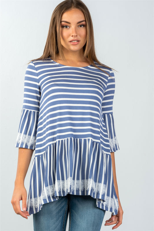 Ladies fashion scoop neckline lace trim striped babydoll top