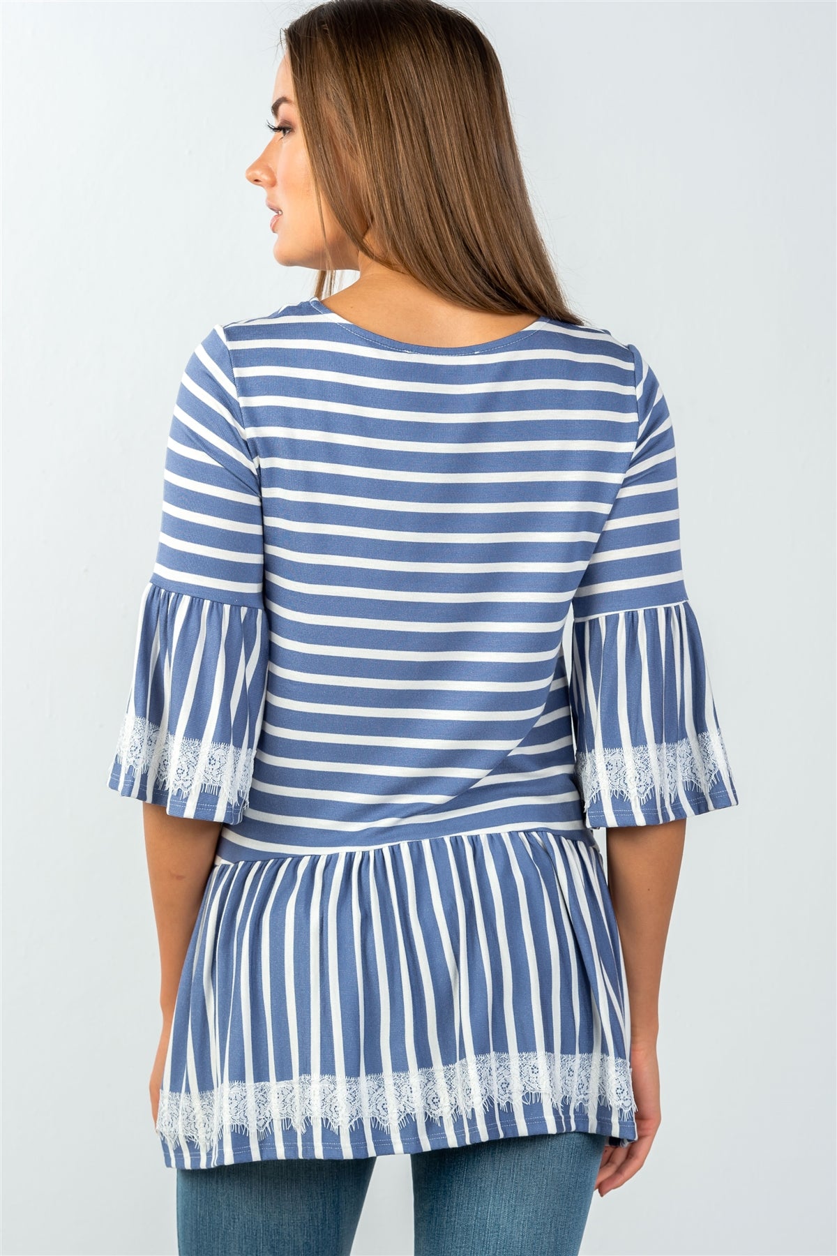 Ladies fashion scoop neckline lace trim striped babydoll top