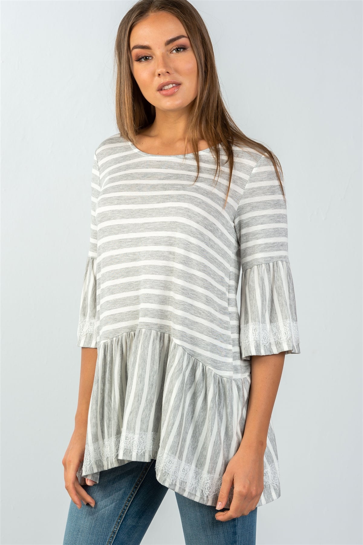 Ladies fashion scoop neckline lace trim striped babydoll top