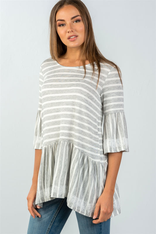 Ladies fashion scoop neckline lace trim striped babydoll top