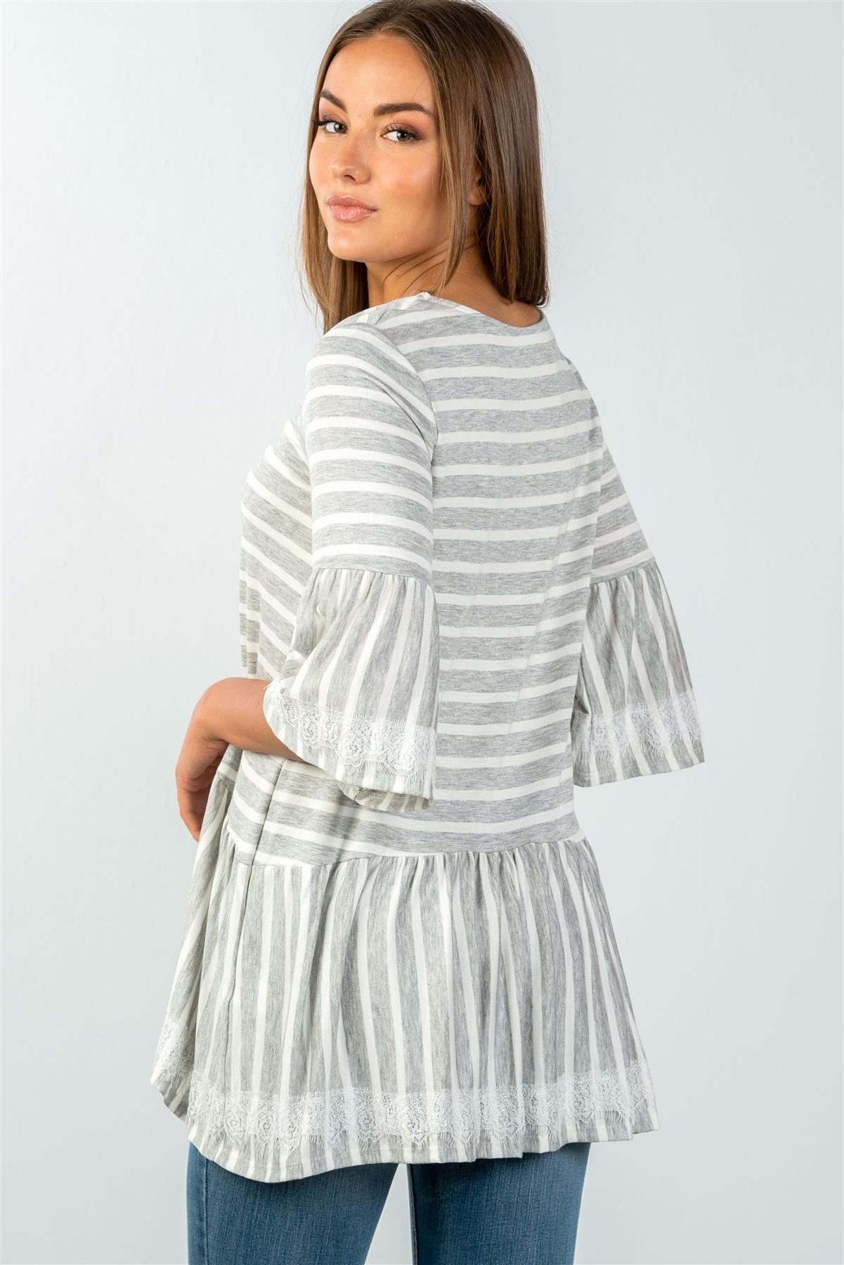 Ladies fashion scoop neckline lace trim striped babydoll top