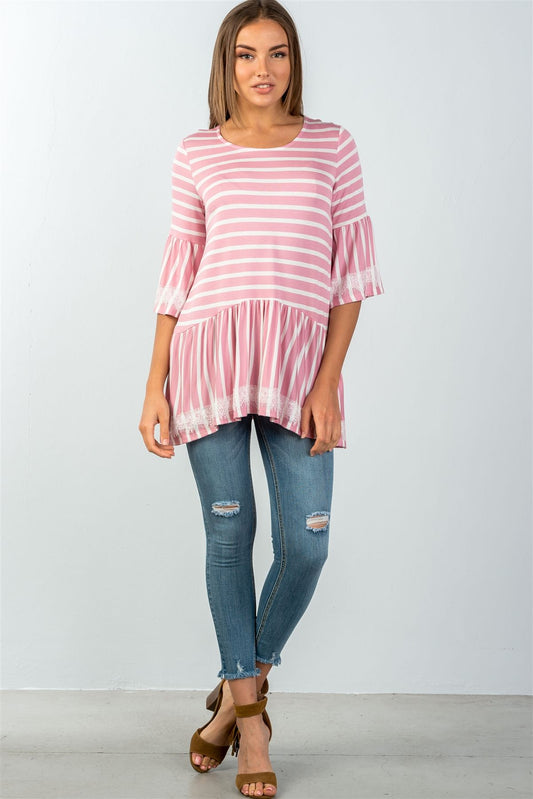 Ladies fashion scoop neckline lace trim striped babydoll top