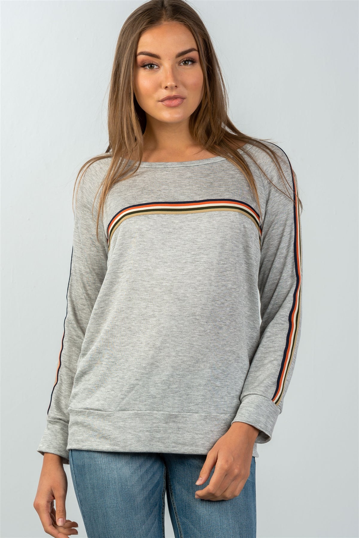 Ladies fashion round neckline colored stripes long sleeves knit top