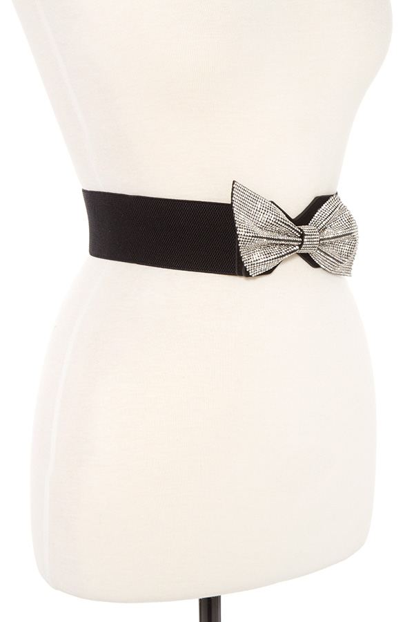 Rhinstone pave slaned bow stretch belt