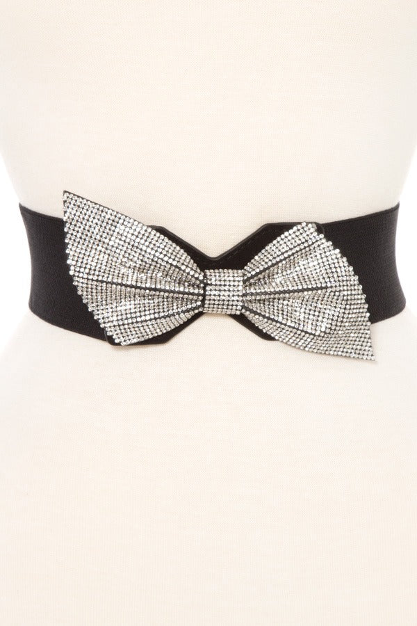 Rhinstone pave slaned bow stretch belt