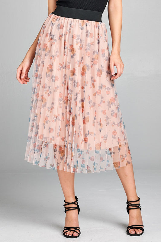 Ladies fashion elastic waist band w/accordian pleated floral print mesh midi skirt