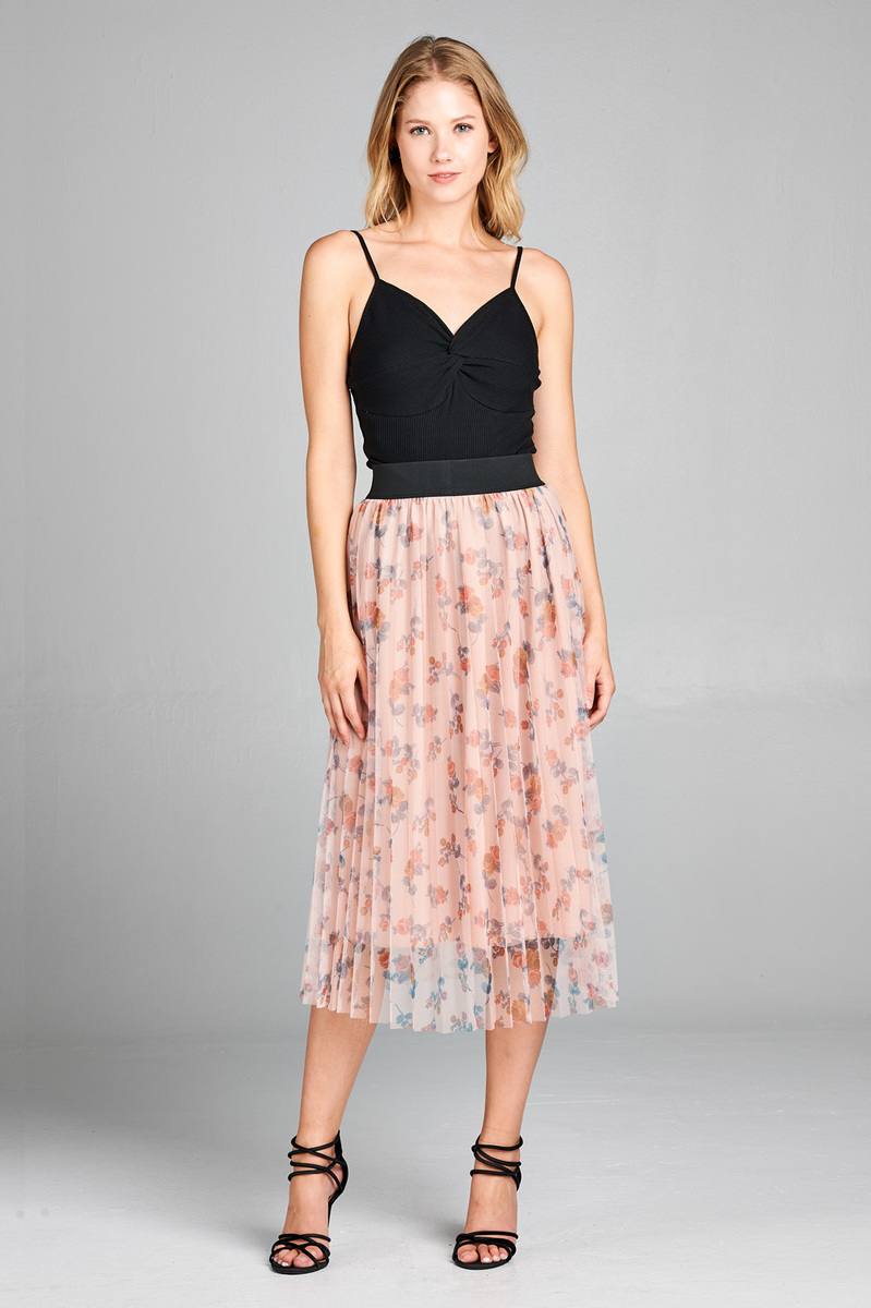 Ladies fashion elastic waist band w/accordian pleated floral print mesh midi skirt