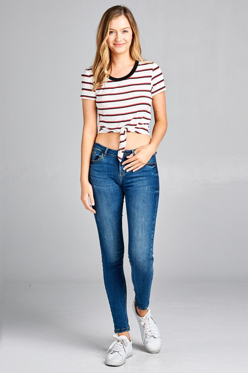 Ladies fashion short sleeve round contrast neck with knotted front crop multi stripe rayon spandex top